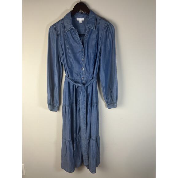 Current Air Anthropologie MIDI Dress Chambray Tired Collared Belted Boho M - Picture 2 of 10